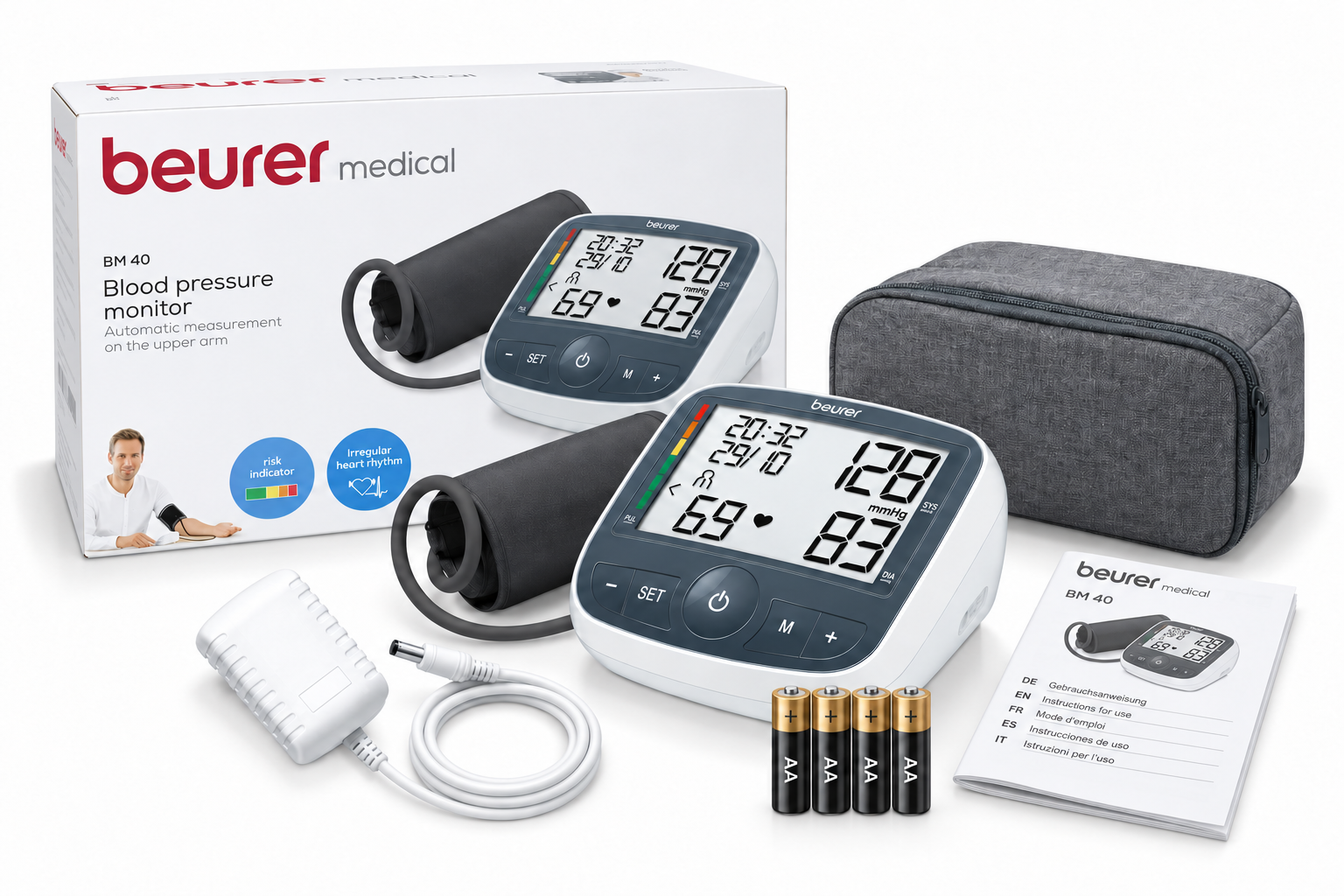 بديل Omron: جهاز Beurer BM 40 مع المحول الكهربائي والبطاريات والحقيبة